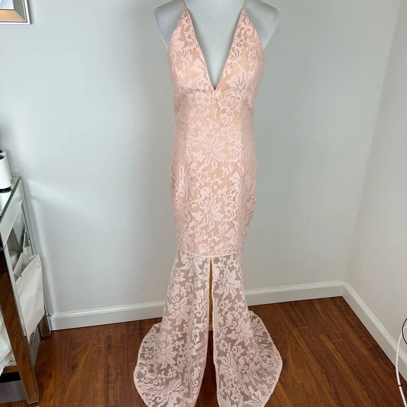JARLO Revolve Formal Gown CADENCE PEACH Lace Sheer Maxi Dress Size SMALL/10 B37 - Picture 8 of 13